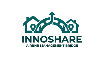 Fototapeta premium Bridge connects houses logo, representing Airbnb management service concept