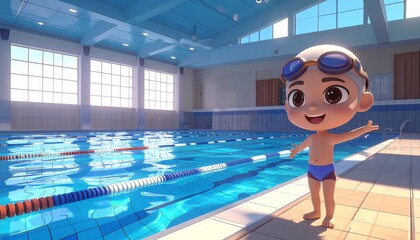 A cartoon boy in goggles stands by indoor pool. © avivmuzi