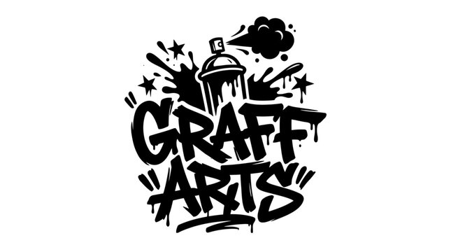 Graffiti spray can and lettering "Graff Arts" on white background, urban art style graphic element