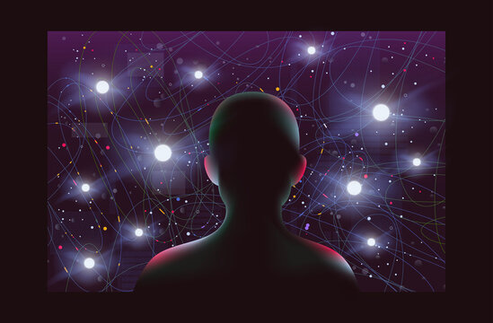 Human silhouette analyzing data network AI technology concept