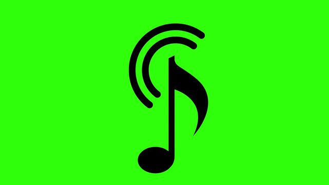 Animated black music note symbol with radiating sound waves on a vibrant green screen background.Black Music Note Symbol with Sound Waves Animation on Green Screen Background
