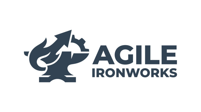 Industrial logo with anvil, gear, and upward arrow graphic element