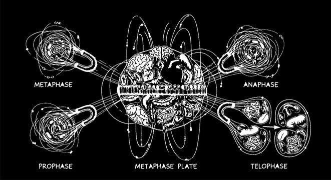 Detailed Illustration of Cell Mitosis and Interphase Stages.