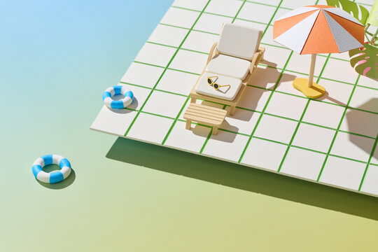A whimsical miniature summer scene featuring pool accessories