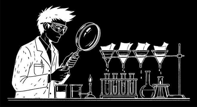 Cartoon scientist examining colorful chemical experiments closely.