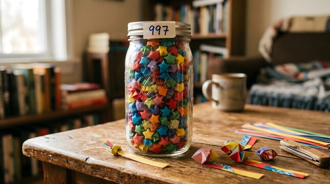 A glass mason jar filled with colorful origami lucky stars labeled '997' sits on a wooden table, representing the final, hopeful steps of a long journey toward a completed wish.