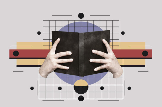 Collage with a hands holding book