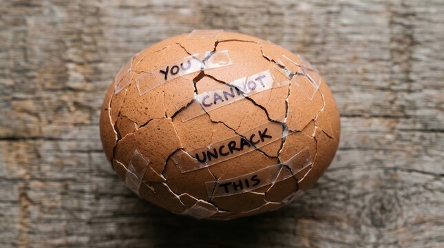 A shattered brown eggshell taped back together with the message 'you cannot uncrack this' serves as a profound metaphor for irreversible actions, broken trust, and emotional trauma.