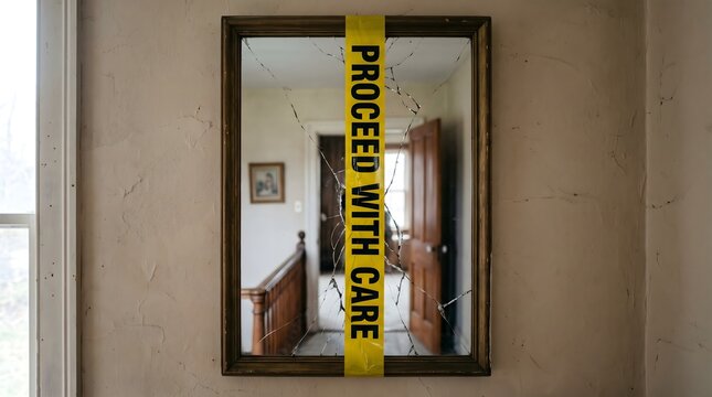 A shattered mirror bound by yellow caution tape reading 'Proceed with Care' serves as a powerful metaphor for the fragile state of self-reflection, mental health, and healing from trauma.