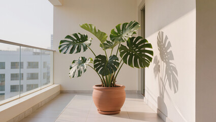 Fototapeta premium Monstera Deliciosa Plant in Terracotta Pot on Sunny Balcony with Shadow