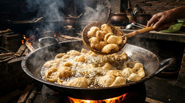 Kerupuk Rambak Deep Frying Action Shot, Indonesian Buffalo Skin Cracker Expanding in Hot Oil Lanscape Orientation