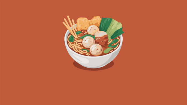Bowl of indonesian meatball soup known as bakso is served with noodles and green vegetables for a delicious and savory street food.