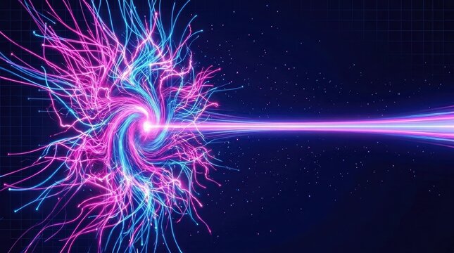 AI Neural Network Vibrant neon swirl with radiant beam and starry night sky