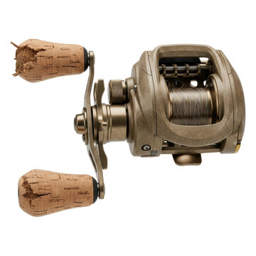 Baitcasting fishing reel with cork handles isolated with transparent background