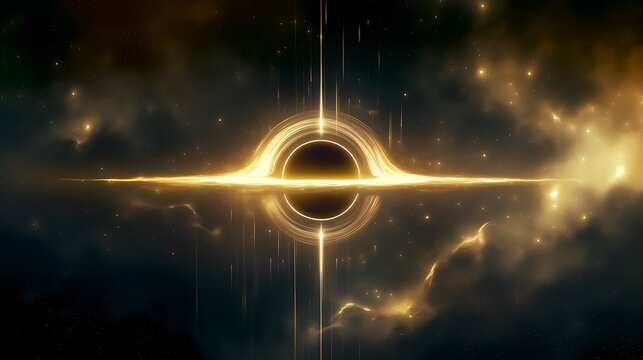 Symmetric glowing golden luminous halo encircling dark celestial sphere with mirrored nebula starfield, deep space futuristic backdrop for sci-fi brand slides, Artemis universe explore