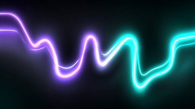 Abstract glowing neon purple and cyan sine wave on dark background, audio sound frequency technology and dynamic energy concept