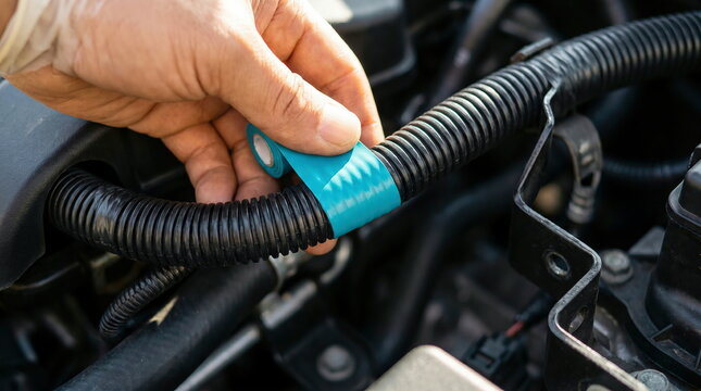 Electrical wiring: Hand applying blue insulation tape to corrugated conduit inside engine compartment, automotive repair and maintenance concept.