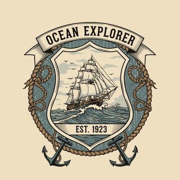 Vintage Ship Emblem Ocean Explorer Logo.