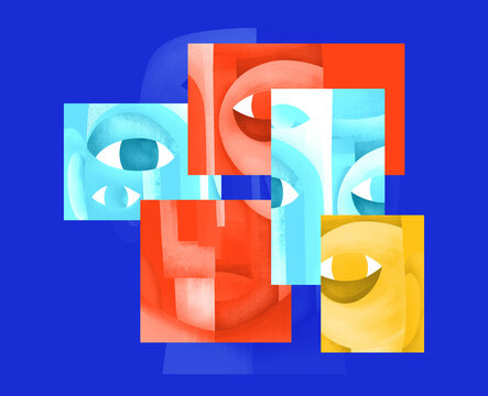 Art with eyes in different colors on a blue background