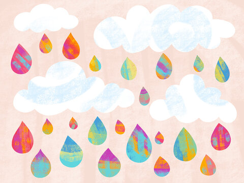 Colorful drops fall from bright clouds in a whimsical scene