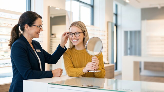 Optician assisting young woman trying on new eyeglasses at modern optical shop, eye care service and fashion eyewear.