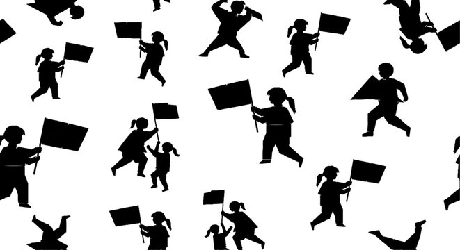 Silhouette crowd holding signs and flags running together.