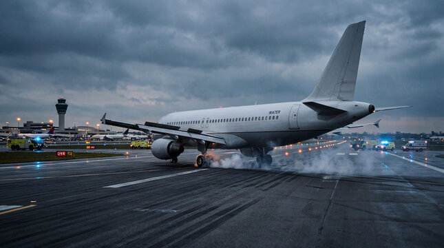 Large commercial airplane secured safely on landing runway following urgent emergency incident with visible smoke
