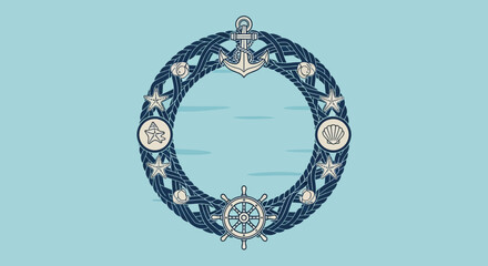 Nautical Wreath with Anchor, Ship Wheel, and Seashells on Blue Background © M FAIZAL