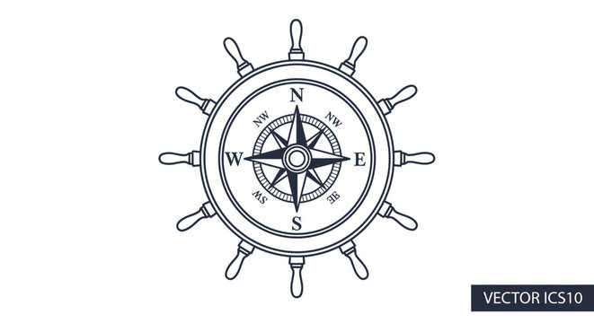 Nautical Steering Wheel with Compass Rose, Vector Illustration