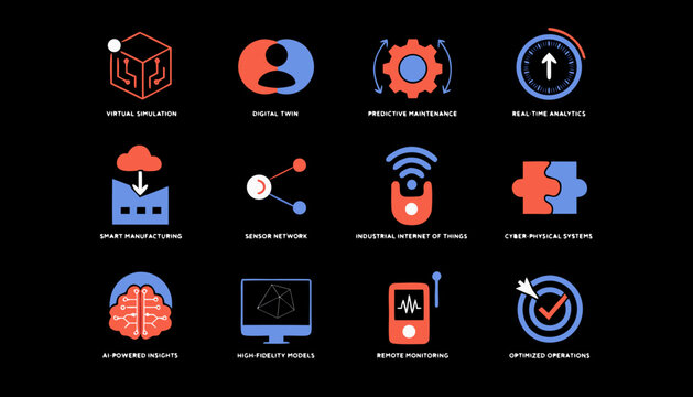 Business icons, modern technology symbols, network and communication signs, 12 editable vector graphics