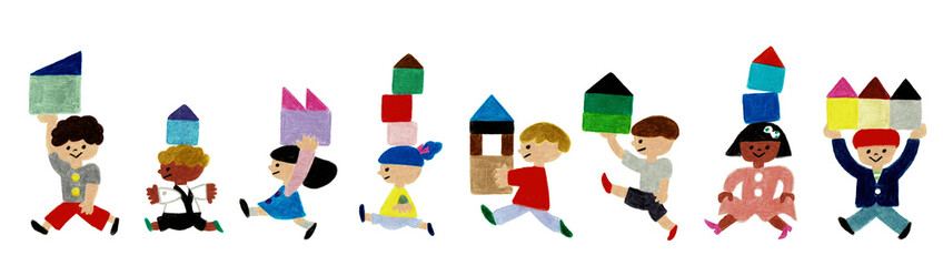 積み木を持って元気に行進する子供たちのイラスト