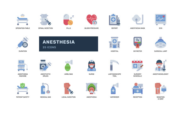 Anesthesia Medical Icon Set Flat Color Style for Healthcare and Hospital App