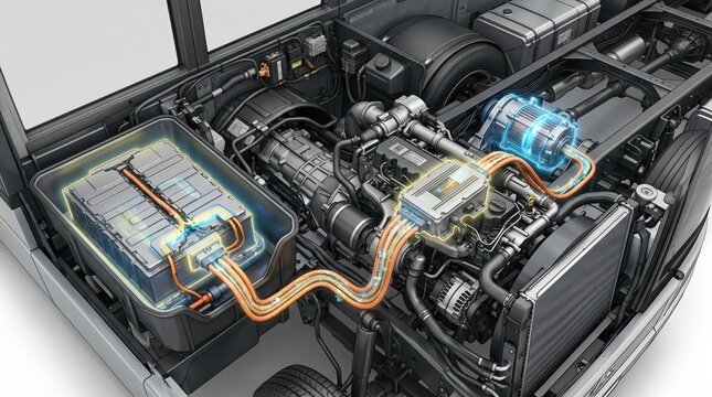 Electric bus engine system shows battery, motor, and connections in action, highlighting modern transportation technology