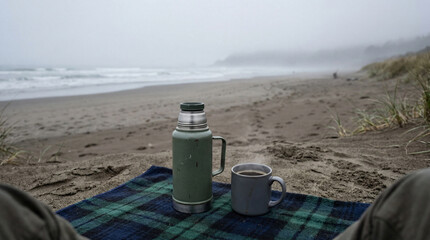 Obraz premium Cozy Seated POV View Looking At A Thermos And Plain Mug On Misty Winter Morning