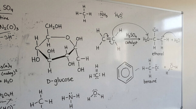 Educational organic chemistry molecular structures and covalent chemical bonds hand drawn using sharp black marker