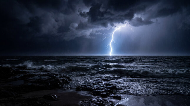 Dramatic POV Looking At Lightning Striking Distant Ocean Horizon During Epic Midnight Thunderstorm Event Scene