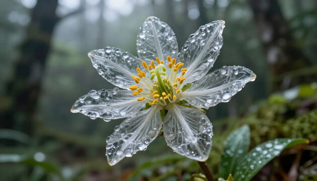 Skeleton Flower (Diphylleia grayi) with Transparent Crystal Petals and Water Droplets Isolated on White Backgrou