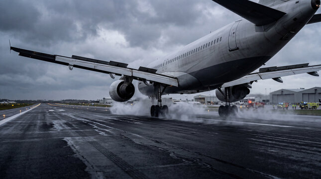 Commercial airplane emergency landing with fully deployed landing gear and flaps low angle runway perspective