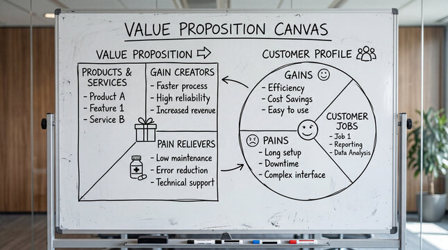 Value Proposition Canvas Diagram Hand Drawn In Black Marker On Corporate Conference Room Whiteboard Presentation