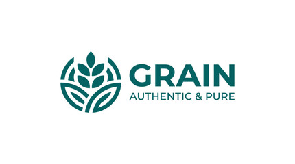 Modern flat design logo featuring a stylized wheat stalk within a circular emblem and "GRAIN AUTHENTIC & PURE" text. © anidaahza