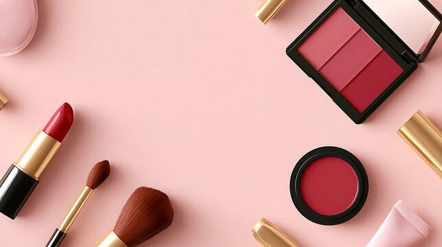 Awesome photo of top view of various makeup and beauty products on a pink background.
