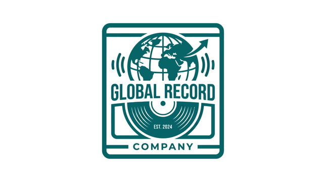 Global record company logo design with globe and vinyl record element
