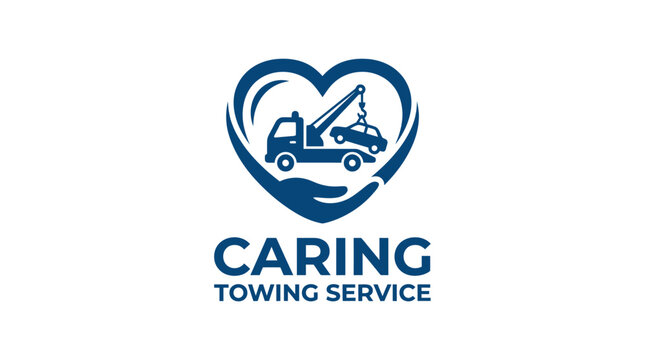 Vector logo for caring towing service with tow truck and car inside heart shape