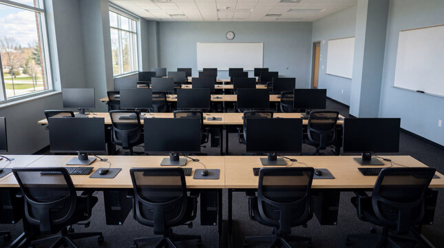 Empty Computer Learning Education Lab With Several Unbranded Desktop PC Monitors Having Dark Blank Screens