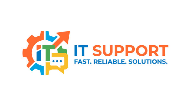 IT support logo with gear, chat bubbles, and arrow graphic