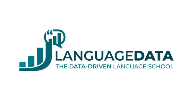 Language Data logo with bar chart and speech bubble, data-driven language school concept