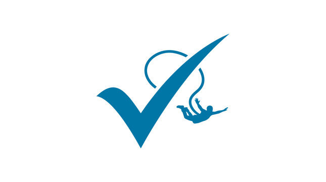 Blue checkmark with skydiver graphic element on white background