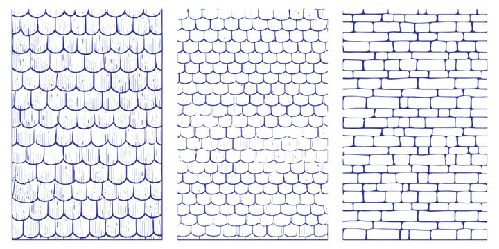 Hand drawn roof shingles and brick wall texture backgrounds in blue sketch style vector illustration.