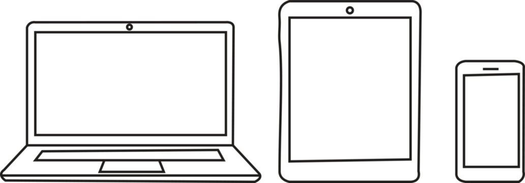 Simple outline illustration of responsive digital devices including laptop, tablet, and mobile phone