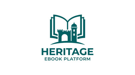 Fototapeta premium Open book forming castle and tower graphic element, ebook platform logo concept